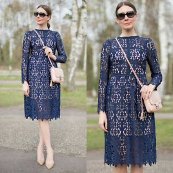 NWOT Zara Navy Blue Lace Guipure Embroidered Dress - Picture 3 of 8